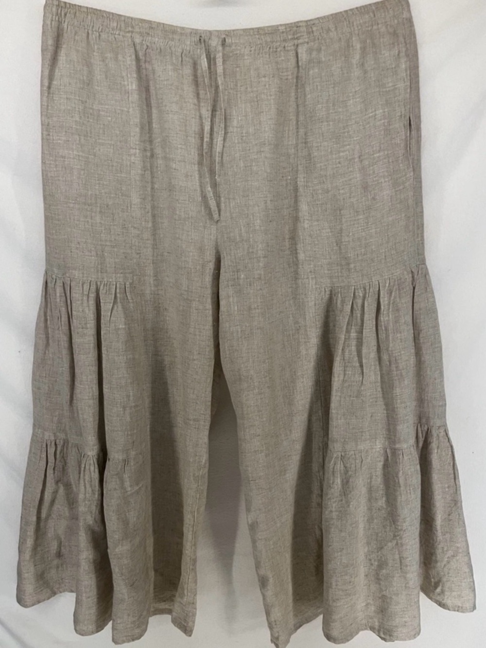 Paper Lace Women’s Beige 100% Linen Wide Leg Tiered Boho Pants Size L Lagenlook